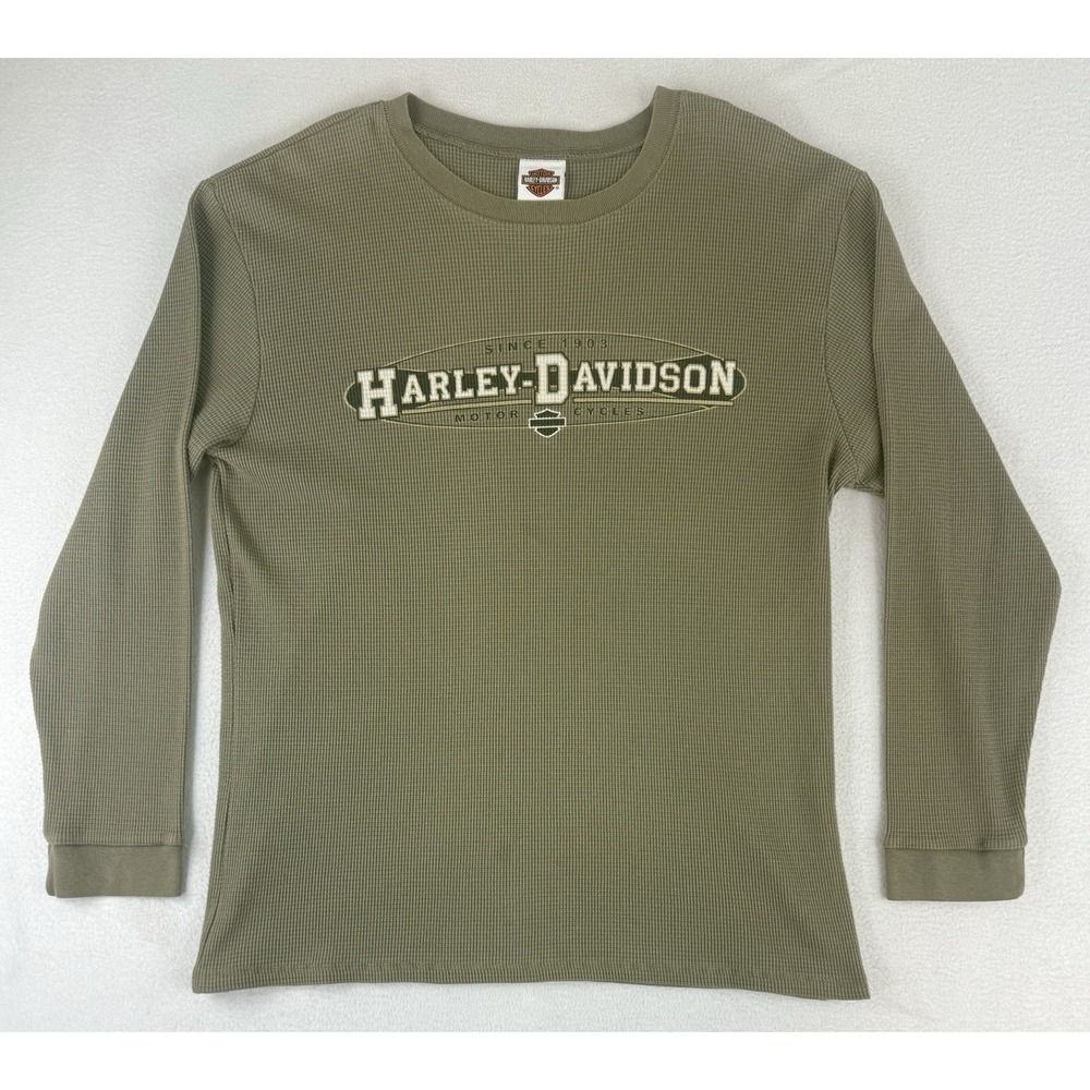 VTG Harley-Davidson Shirt Mens‎ Large Waffle Knit Brown Thermal Winona Minnesota